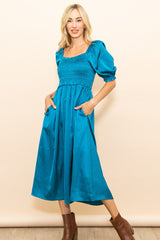 Turquoise Satin Smocked Maternity Midi Dress