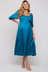 Turquoise Satin Smocked Maternity Midi Dress