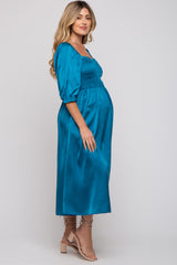 Turquoise Satin Smocked Maternity Midi Dress