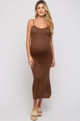 Brown Open Knit Crochet Maternity Midi Dress