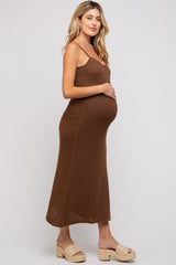 Brown Open Knit Crochet Maternity Midi Dress