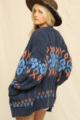 Navy Printed Chunky Cable Knit Cardigan