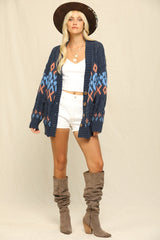 Navy Printed Chunky Cable Knit Cardigan