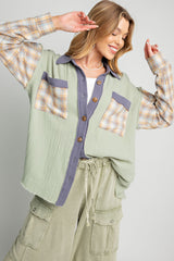 Light Olive Gauze Plaid Mix Button Up Maternity Top