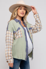 Light Olive Gauze Plaid Mix Button Up Maternity Top