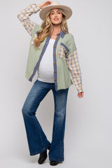 Light Olive Gauze Plaid Mix Button Up Maternity Top