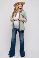 Light Olive Gauze Plaid Mix Button Up Maternity Top