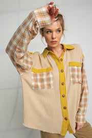 Beige Gauze Plaid Mix Button Up Top