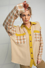 Beige Gauze Plaid Mix Button Up Maternity Top