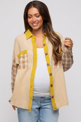 Beige Gauze Plaid Mix Button Up Maternity Top