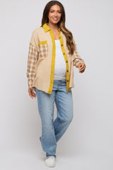 Beige Gauze Plaid Mix Button Up Maternity Top