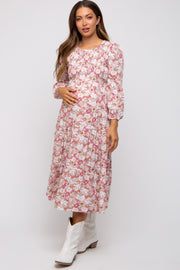 Mauve Floral Smocked Tiered Maternity Midi Dress