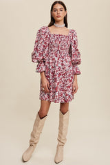 Magenta Floral Print Smocked Square Neck Dress