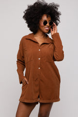 Camel Corduroy Button Up Front Pocket Romper