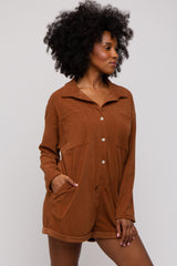 Camel Corduroy Button Up Front Pocket Romper