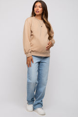 Beige Embroidered Fleece Maternity Sweatshirt