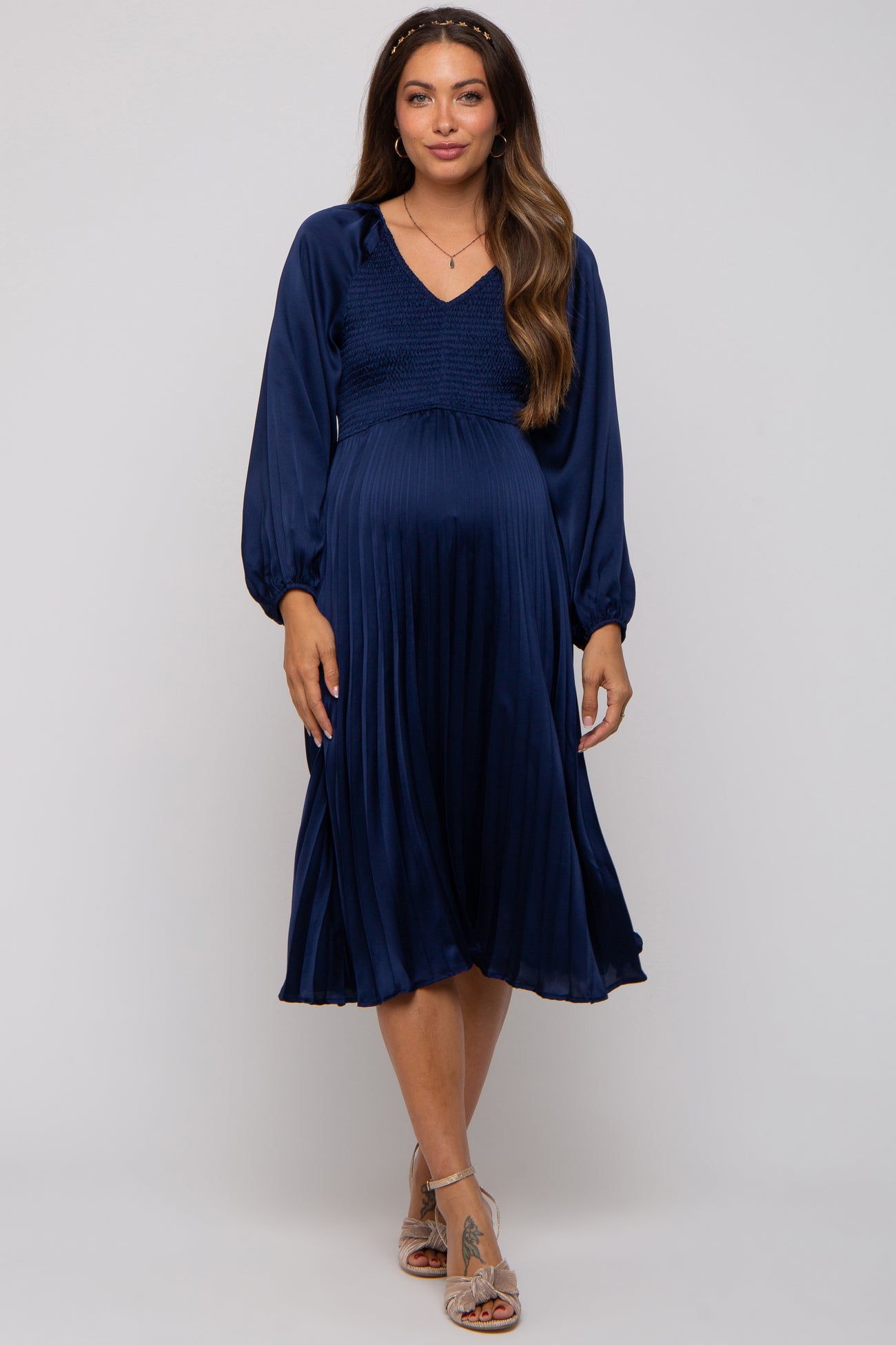 Navy Satin Smocked and Pleated Maternity Midi Dress – PinkBlush