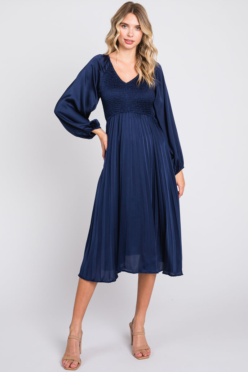 Navy Satin Smocked and Pleated Midi Dress – PinkBlush