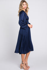 Navy Satin Smocked and Pleated Midi Dress