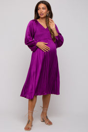 Purple Satin Smocked and Pleated Maternity Midi Dress