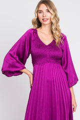 Purple Satin Smocked and Pleated Midi Dress