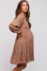 Mocha Floral Tier Long Sleeve Maternity Dress