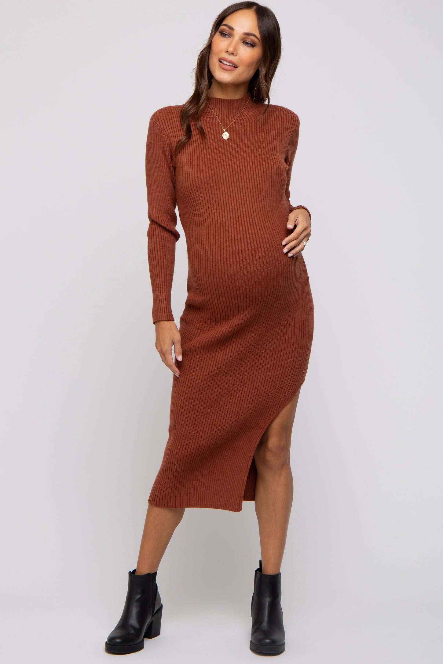 Brown Textured Ruched Maternity Midi Dress– PinkBlush