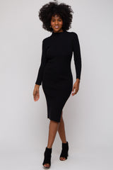 Black Ribbed Mock Neck Side Slit Maternity Midi Dress