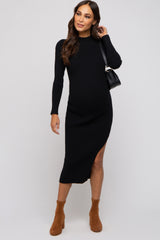 Black Ribbed Mock Neck Side Slit Maternity Midi Dress