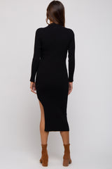 Black Ribbed Mock Neck Side Slit Maternity Midi Dress