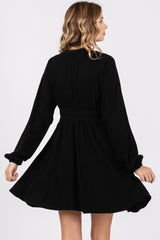 Black Linen Deep V-Neck Long Sleeve Dress