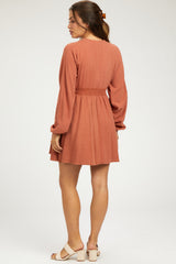 Rust Linen Deep V-Neck Long Sleeve Maternity Dress