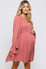 Mauve Smocked Long Sleeve Maternity Dress