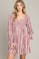 Burgundy Floral Stripe Smocked Long Sleeve Maternity Dress