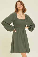 Olive Tie Back Smocked Long Sleeve Dress