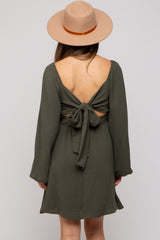 Olive Tie Back Smocked Long Sleeve Maternity Dress