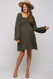 Olive Tie Back Smocked Long Sleeve Maternity Dress