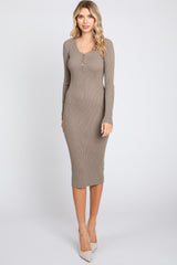 Mocha Ribbed Fitted Button Long Sleeve Dress