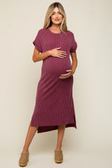 Plum Ribbed Short Sleeve Maternity Midi Dress