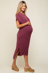 Plum Ribbed Short Sleeve Maternity Midi Dress