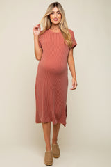 Rust Ribbed Short Sleeve Maternity Midi Dress