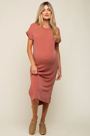 Rust Ribbed Short Sleeve Maternity Midi Dress