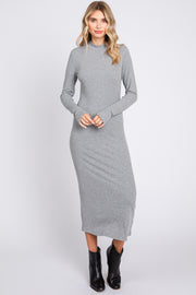 Heather Grey Ribbed Mock Neck Midi Dress