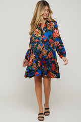 Black Multi-Color Floral Button Front Maternity Dress