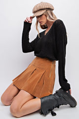 Camel Pleated Corduroy Mini Skirt