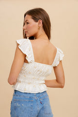 Beige Floral Embroidered Multi Tiered Ruffle Tank