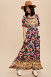 Navy Floral Border Print Square Neck Maxi Dress