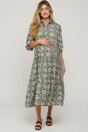 Green Floral Collared Tiered Maternity Maxi Dress