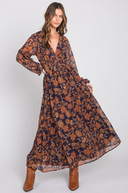 Navy Floral Long Sleeve V-Neck Maxi Dress