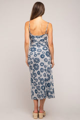 Blue Sleeveless Floral Knit Maternity Maxi Dress